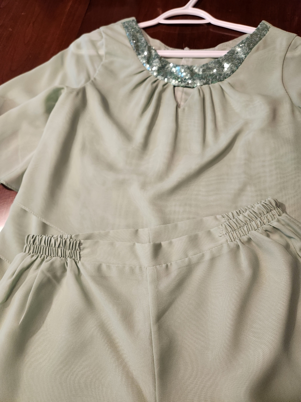 Sage Green Layered Sequin Neck Dress Set - Picture 2 of 2